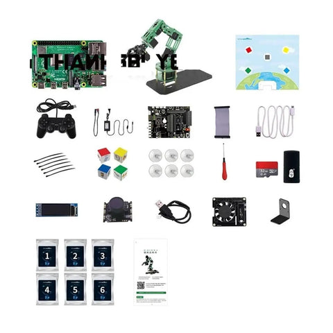 6DOF Robot Arm Kit With AI Visual Recognition Board For Raspberry Pi 4B 4G 8G Rad For Makers And Coders Learn Coding Hands On Projects Self Learning Drawing Imitation And Creative Automation, kit parts laid out