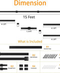 Dimensions and included components for Rock Solid 15 Feet Square Tube Handrail Wall Mount Industrial Staircase Rail.