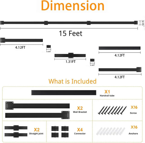 Dimensions and included components for Rock Solid 15 Feet Square Tube Handrail Wall Mount Industrial Staircase Rail.