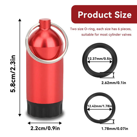 Mini Scuba Diving Tank Key Ring Kit With 12 O Rings Aluminum Alloy Portable Dive Cylinder Valve Set in red with size details.