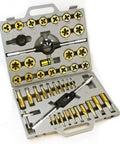 Pro Grade 45 Piece Large Diameter Titanium Tap and Die Threading Tool Set for SAE Standards in open case