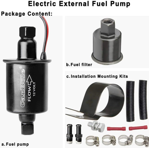 Package contents of 12V Universal Electric Fuel Pump With 5 To 9 PSI Output And 30 GPH Flow For Gasoline And Diesel Transfer Five Sixteenth Inch Inlet And Outlet, Ideal For Carburetor Engines, Not Suitable For E85 Ethanol Methanol Or Race Fuel, Black