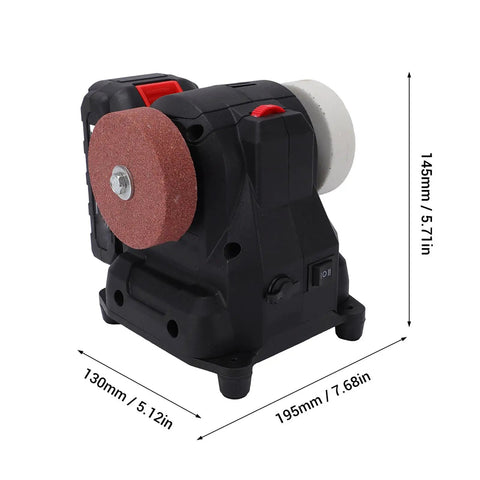 Hilitand Mini Bench Grinder Polisher Cordless 100w Sander with a sanding disc, dimensions shown, ideal for metal and wood polishing.