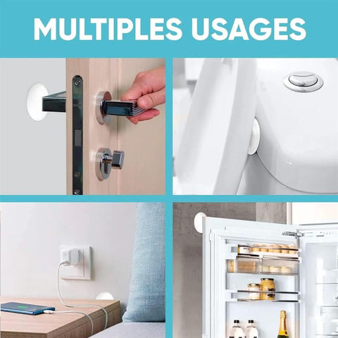 Three Piece Wall Doorstop Set With Self Adhesive Silicone Bumper Pads used on door, toilet, couch, and refrigerator for wall protection.