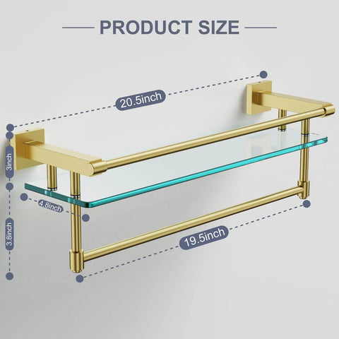 Pro Grade 20 Inch Wall Mount Glass Shelf With Towel Rack In Brushed Gold Finish, with size measurements shown.