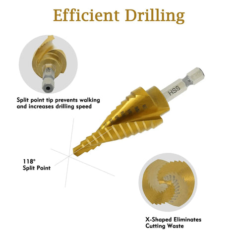 Step Drill Bit Set 3 Pcs Titanium HSS Unibit Drill Bits With Aluminum Case For Sheet Metal 28 Hole Sizes Titanium Coated
