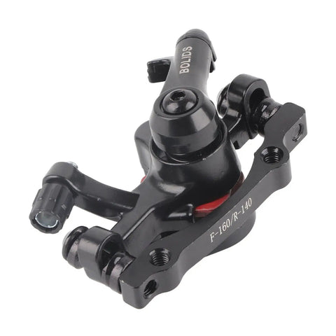 Close-up of black front caliper from Mechanical Disc Brake Kit With Front And Rear Calipers 160mm Rotors Levers Cables And Hardware For Mountain Road And BMX Bikes All In One Upgrade That Delivers Quick Stopping Power And Smooth Modulation