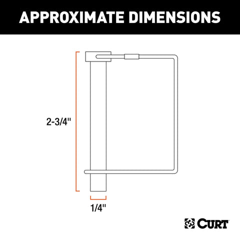 Diagram showing approximate dimensions of a trailer coupler pin: 1/4" diameter by 2-3/4" long, clear zinc finish.