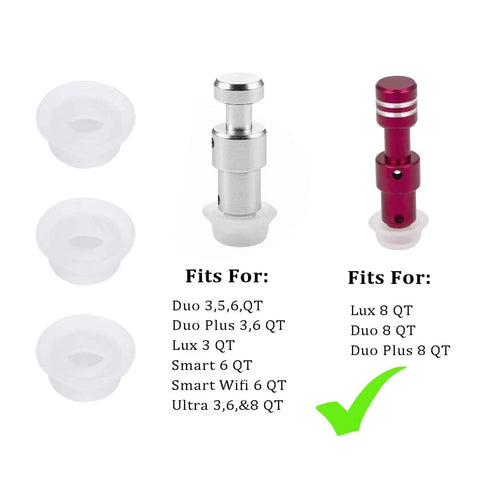 Must Have Replacement Float Valve Gaskets Kit For Instant Pot Pro Grade Instant Pot Duo 3 5 6 8 Qt Duo Plus Ultra Lux 3 8 Qt Not For Lux 5 6 Qt Includes Silicone Caps showing gaskets and metal float valves for 3-8 Qt pressure cookers