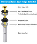 Rock Solid Universal Toilet Seat Bolt Kit Includes Four Heavy Duty Brass Fasteners With Corrosion Resistant Metal Nuts And Flanged Washers Plus Soft Rubber Gaskets For No More Drip Drama And Foolproof Swap Out, showing parts layout of hinge bolt kit.