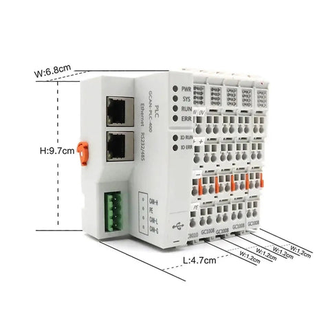 Upgrade Your Setup With This High Performance Industrial Automation PLC Logic Controller Designed Specifically For Precise Manipulator Motion Control Projects. Featuring Robust Programmable Logic Circuits And GCAN-PLC-511 Codesys Compatibility, This, side view of GCAN-PLC-400 with dimensions labeled.