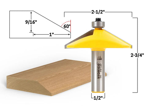 Bevel Edge Router Bit 60 Degree Forming With Half Inch Shank Two Flute Carbide Cutter shown with diagram and wood sample