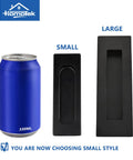 Comparison of small and large black matte flush sliding door pulls with a 330ml can