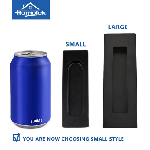 Comparison of small and large black matte flush sliding door pulls with a 330ml can