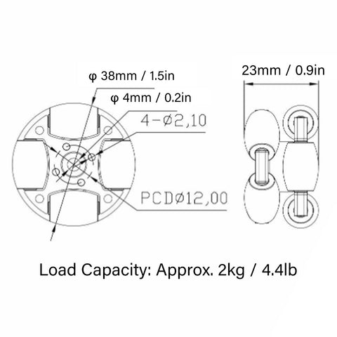 Front and side views of a 38mm aluminum double omni wheel for robotics with metal hubs