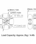 Vvikizy 38mm omni wheel technical diagram with 8 PU rollers and metal hubs; shows Ø38mm wheel, bore Ø4mm, 23mm width