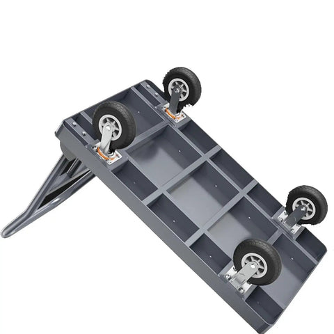 Heavy Duty Flatbed Platform Cart Folds Compact Yet Built Tough, showing sturdy gray steel deck and smooth rolling wheels.