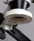 3.5X to 90X Zoom Stereo Microscope on an Articulating Arm with 144 LED Illumination and a 10MP Digital Camera, USB Two Point Zero Output, A Real Workhorse for Inspecting Circuit Boards and Dental Appliances close-up of LED ring light and arm