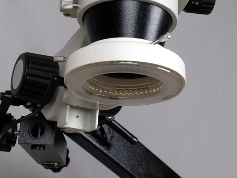 3.5X to 90X Zoom Stereo Microscope on an Articulating Arm with 144 LED Illumination and a 10MP Digital Camera, USB Two Point Zero Output, A Real Workhorse for Inspecting Circuit Boards and Dental Appliances close-up of LED ring light and arm