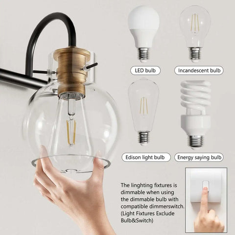 Three Light Vanity Light Fixture In Black And Copper With Globe Glass Shade, modern wall sconce showing bulb options