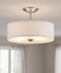 14 Inch 3 Light Semi Flush Mount Ceiling Light Fixture In Brushed Nickel With Satin Etched White Diffuser And White Microfiber Shade