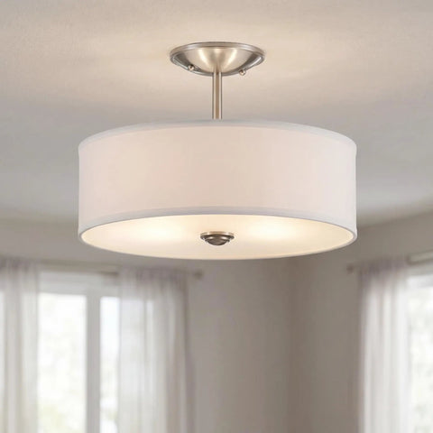 14 Inch 3 Light Semi Flush Mount Ceiling Light Fixture In Brushed Nickel With Satin Etched White Diffuser And White Microfiber Shade