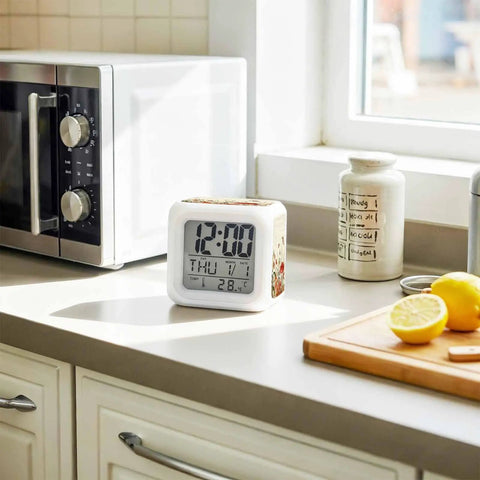 Legit Silent Mushroom Print Cube Led Clock With Major Vintage Vibes Shows Time Date And Temp On A Crisp Display on a kitchen countertop.