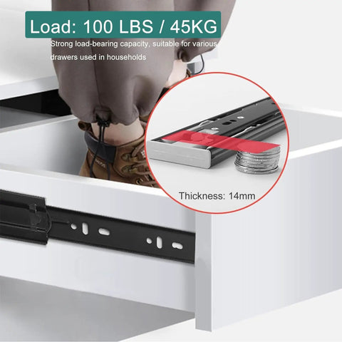 Soft Close Drawer Slides With Push To Open, Full Extension Ball Bearing Glides, Side Mount Kitchen Cabinet Slides In Black, 12 Inch, 100 Lb Load, Smooth Quiet Operation For Drawers And Cabinets, showing weight capacity and thickness