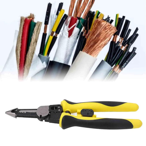 Multi Function Wire Stripper And Crimping Pliers With Safety Latch, yellow and black handle, shown with high carbon steel wires