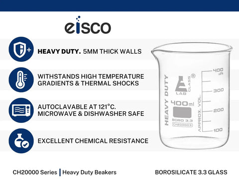 Heavy Duty 50mL Beaker Built Tough For Lab Classrooms Or Home Labs Borosilicate 3.3 Glass With 2.2mm Thick Uniform Walls Superior Chemical Resistance And Long Lasting Durability For Serious Science Work, 400mL illustration.