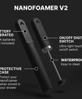 NanoFoamer V2 Milk Foamer For Home Use Microfoamed Milk In 30 Seconds With Dual Speed Waterproof Stainless Steel Build Barista Style Coffee Drinks No Fancy Espresso Rig Needed with protective case and battery operation features shown