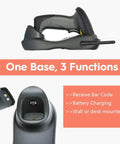 Wireless Barcode Scanner With USB Cradle Charging Base Plug And Play Setup showing cradle with 3 functions: receive barcode, battery charging, mounted.