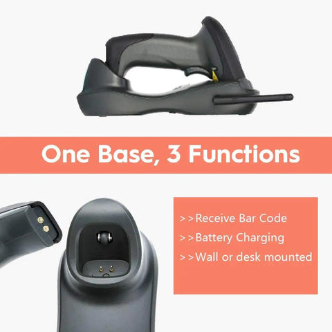 Wireless Barcode Scanner With USB Cradle Charging Base Plug And Play Setup showing cradle with 3 functions: receive barcode, battery charging, mounted.