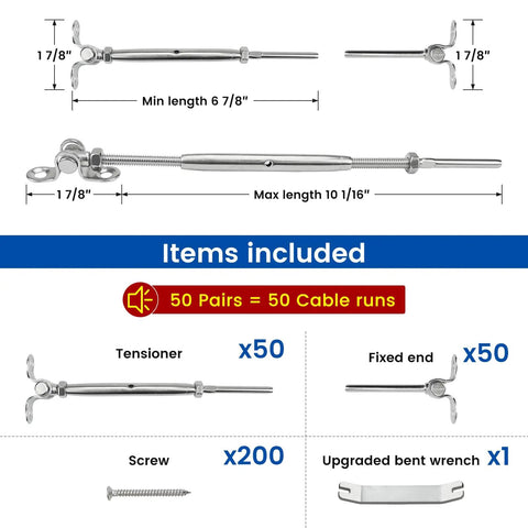 Diagram of Swage Toggle Turnbuckle Cable Railing Hardware Kit For Wood Posts One-Eighth Inch Wire Rope in a 100 Pack