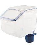 Heavy Duty Bulk Food Storage Containers With Smooth Rolling Wheels And Snap Tight Lids, 50 Cup Dry Goods Pantry Bin With Measuring Cup, clear container with blue lid and measuring cup.