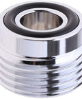 Close-up of chrome plated brass Tank Valve Adapter Two Pack For Scuba DIN To Yoke Conversion with polished surface and O-ring.