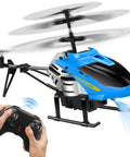 Remote Control Helicopter Toy With One Key Takeoff And Landing Auto Hover LED Lights Three Point Five Channel Gyro Stabilizer Easy No Fuss Flight For Kids Eight Plus Teens And Adults Blue flying in air with hands holding controller