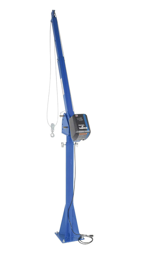 Workhorse 115 Volt Power Lift Jib Crane Built Tough Lets You Move Two Thousand Pounds With No Sweat, blue steel construction.