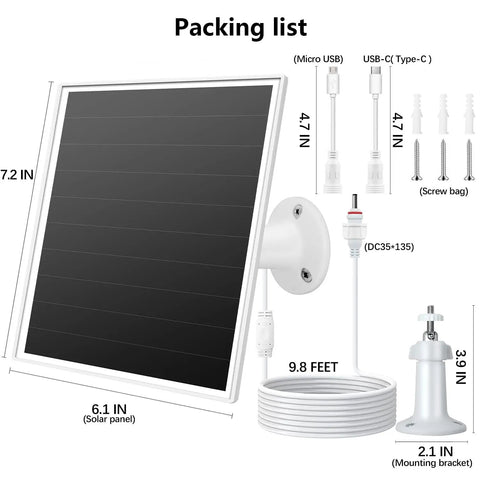 Outdoor Security Camera Solar Charger 6W Panel With USB C And Micro USB Waterproof Build with 9.8ft Cable and Accessories