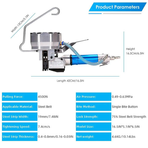No Fuss Pneumatic Steel Strapping Machine Featuring Steady Tensioner And Quick Auto Cutter Heavy Duty Metal Strap Baler showing dimensions and features.