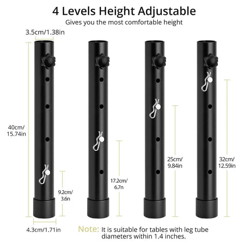 Four Piece Table Leg Extender Set Adjustable Height Lifter fits straight and curved folding tables with adjustable heights.