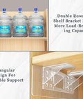 Twelve Piece Heavy Duty Self Adhesive Shelf Brackets Built Tough To Hold A Ton Of Weight With Zero Drilling Required And Easy Install For Kitchen Cabinets And Closets showing double rows supporting water jugs.