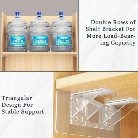 Twelve Piece Heavy Duty Self Adhesive Shelf Brackets Built Tough To Hold A Ton Of Weight With Zero Drilling Required And Easy Install For Kitchen Cabinets And Closets showing double rows supporting water jugs.