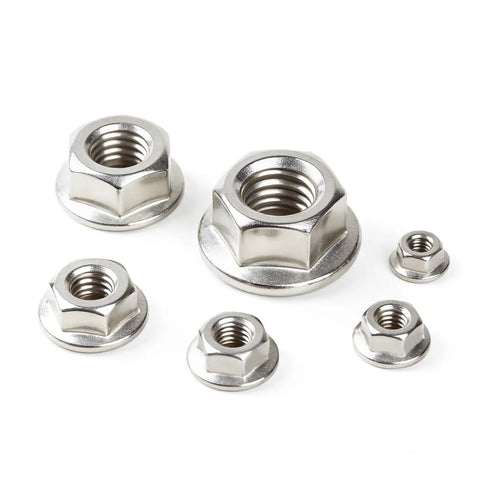 Hardworking M10 X 1.5mm Serrated Hex Flange Lock Nuts In 304 Stainless Steel with bright finish, mixed sizes view