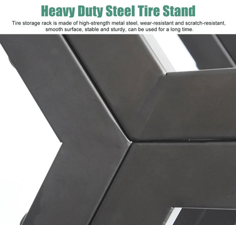 Close-up of Heavy Duty Stackable Tire Rack Organizer For Garage And Workshop Storage, showcasing durable steel construction.