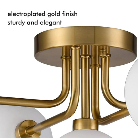 Close-up of gold electroplated finish, Gold Sputnik Ceiling Light Fixture With Globe Shades, modern and elegant detailing