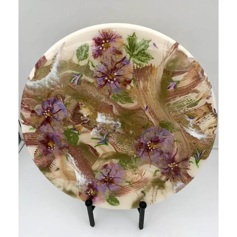 18 Inch Floral Epoxy Resin Lazy Susan With Turquoise Painted Wooden Base Farmhouse Serving Tray And Turntable For Dining Table Dope Modern Centerpiece Handmade Home Decor Smooth Rotating Tray with purple floral design.