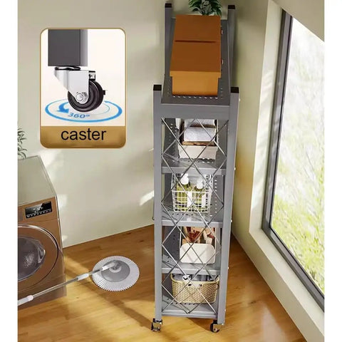 Heavy Duty Five Tier Metal Storage Shelves With Rolling Wheels And Foldable Design For Garage Kitchen Pantry And Home Office, showcasing top view and caster.