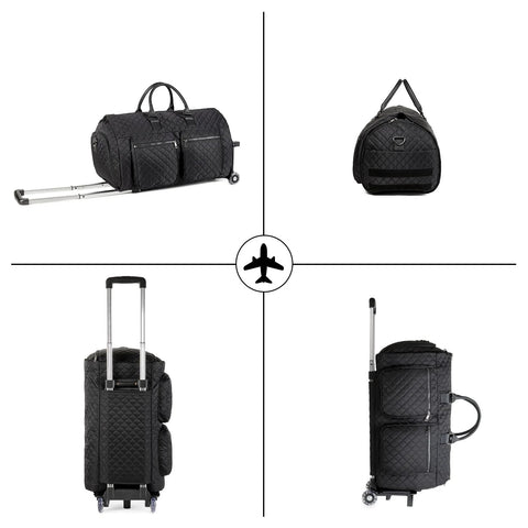 Black rolling carry-on garment bag in convertible duffle style