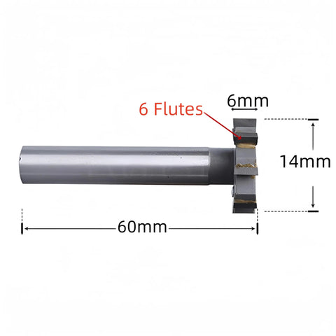 Heavy Duty High Speed Steel T Slot End Mill For Aluminum Woodruff Keyseat Cutter Half Round Keyway Milling Cutter With Straight Shank Six Flutes 14mm 6mm 60mm shown from side view